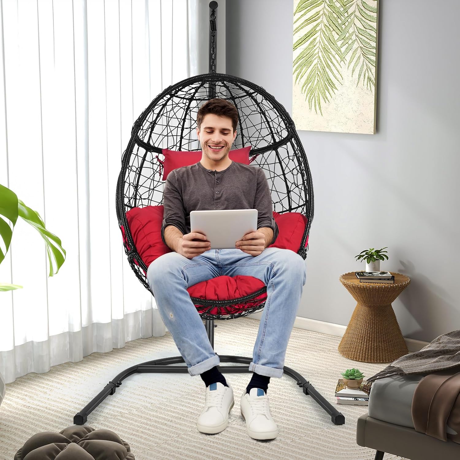 Tangkula Egg Chair with Stand, Hanging Egg Swing Chair with Removable Seat Cushion & Headrest, All-Weather Indoor Outdoor Hanging PE Wicker Egg Chairs for Outside, Balcony, Bedroom (Red)