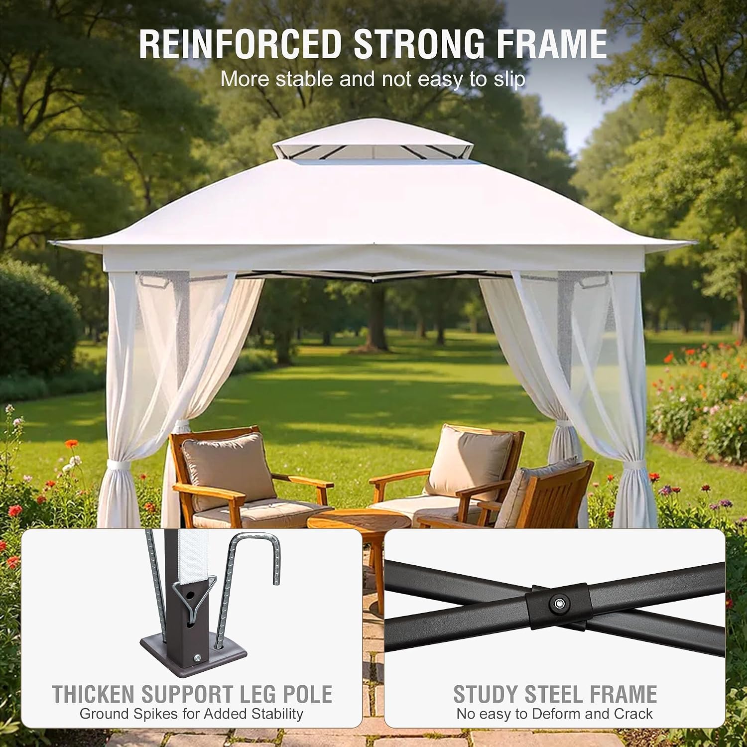 Pop Up Gazebo 11x11, Outdoor Instant Canopy Shelter Tent with Mosquito Netting Metal Frame Storage Bag for Patio Garden Backyard.(White)