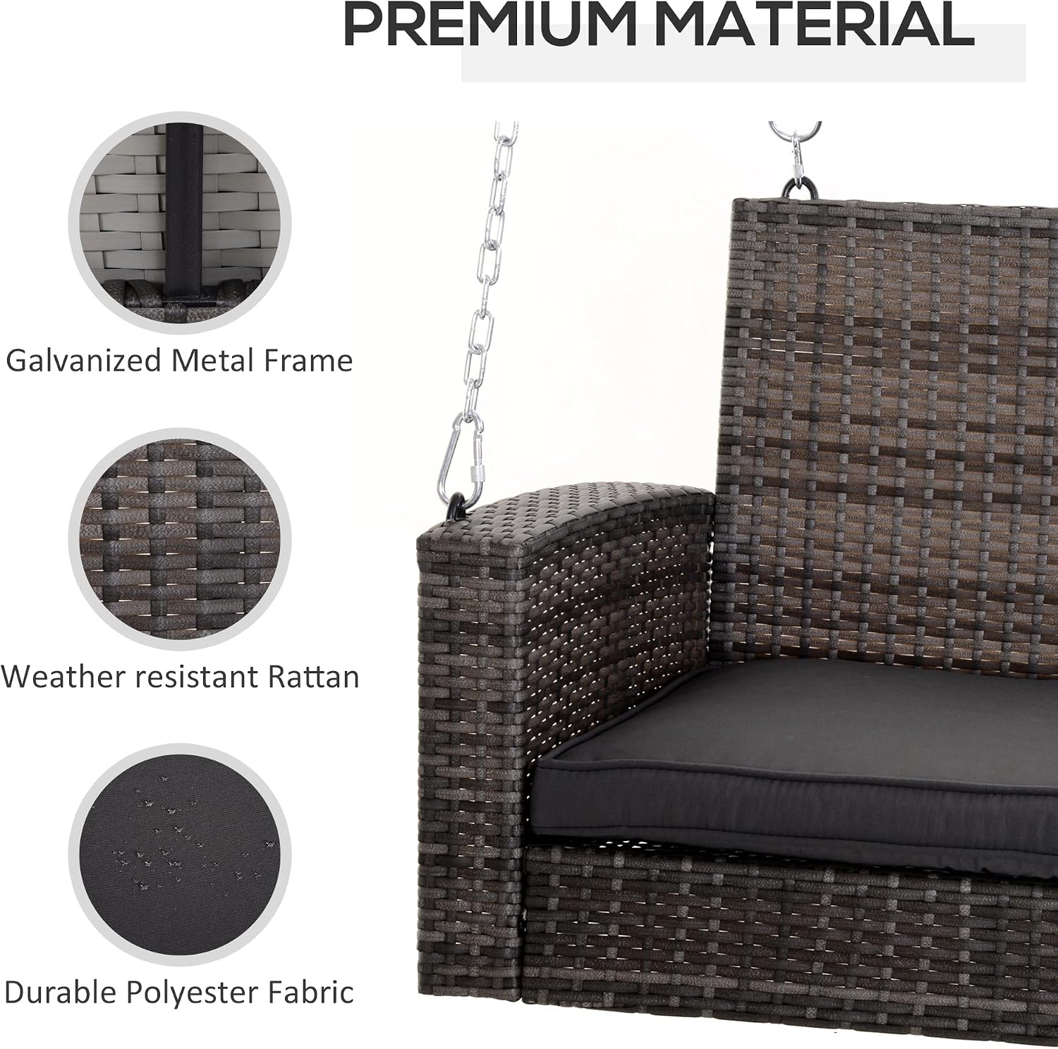 Outsunny 2 Person Wicker Hanging Swing Bench, Front Porch Swing Outdoor Chair with Cushions 550 lbs. Weight Capacity for Backyard, Garden, Grey