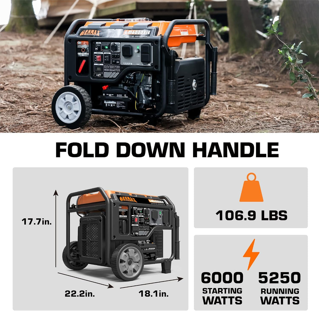 GENMAX Portable Inverter Generator, 6000W open frame Gas Powered High Speed Engine with Electric Start, Ultra Lightweight for Backup Home Use & Job Site，EPA Compliant (GM6000XiE)