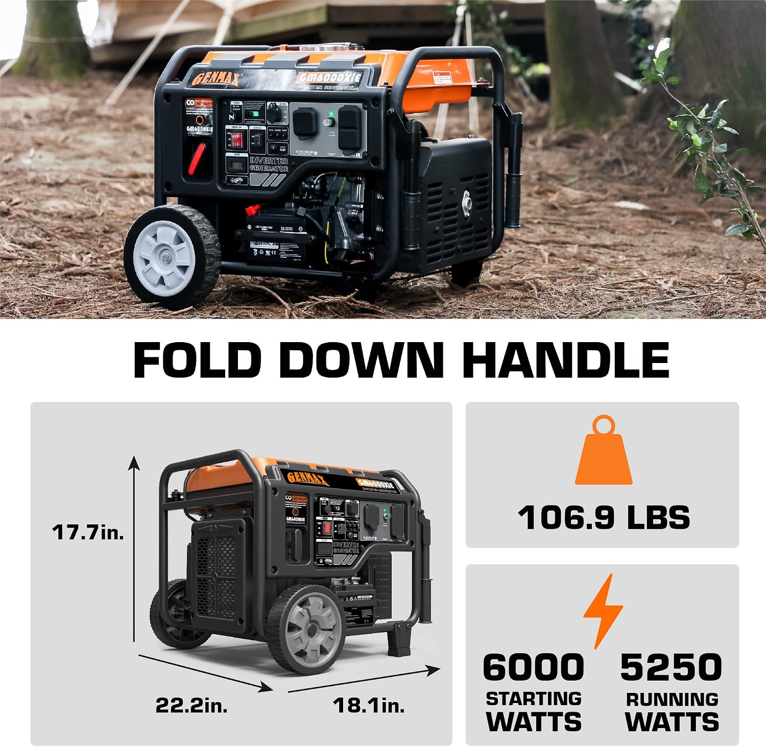 GENMAX Portable Inverter Generator, 6000W open frame Gas Powered High Speed Engine with Electric Start, Ultra Lightweight for Backup Home Use & Job Site，EPA Compliant (GM6000XiE)