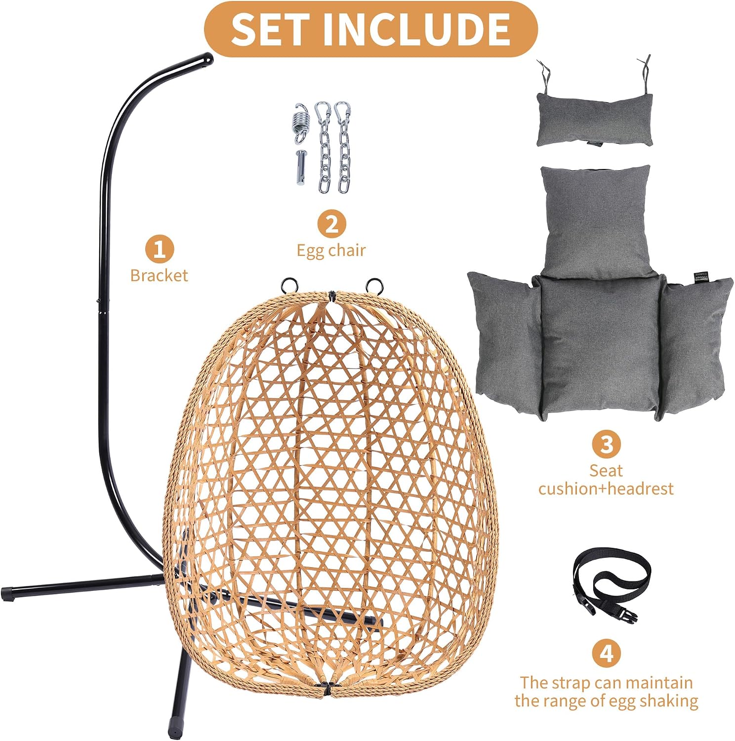 DoubleTT Egg Chair with Stand, Patio Wicker Hanging Chair, Hammock Swing Chair, 350LBS Capacity for Bedroom, Balcony, Garden (YE-GR)