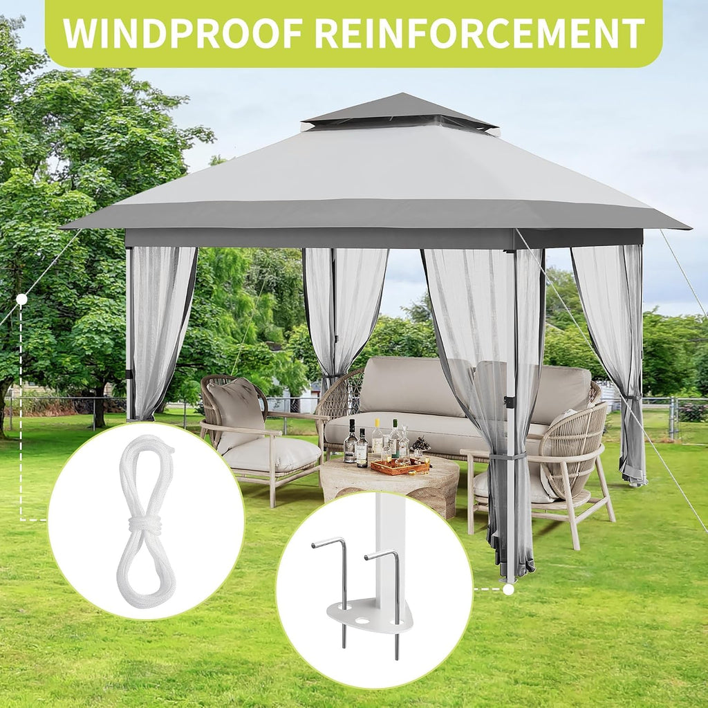 12x12ft Instant Pop Up Gazebos, Modern Waterproof Canopy Tent with Mosquito Netting, Outdoor Canopy Shelter with Wheeled Carry Bag for Patio/Garden/Backyard/Party-All-Weather&All Season(Gray+White)