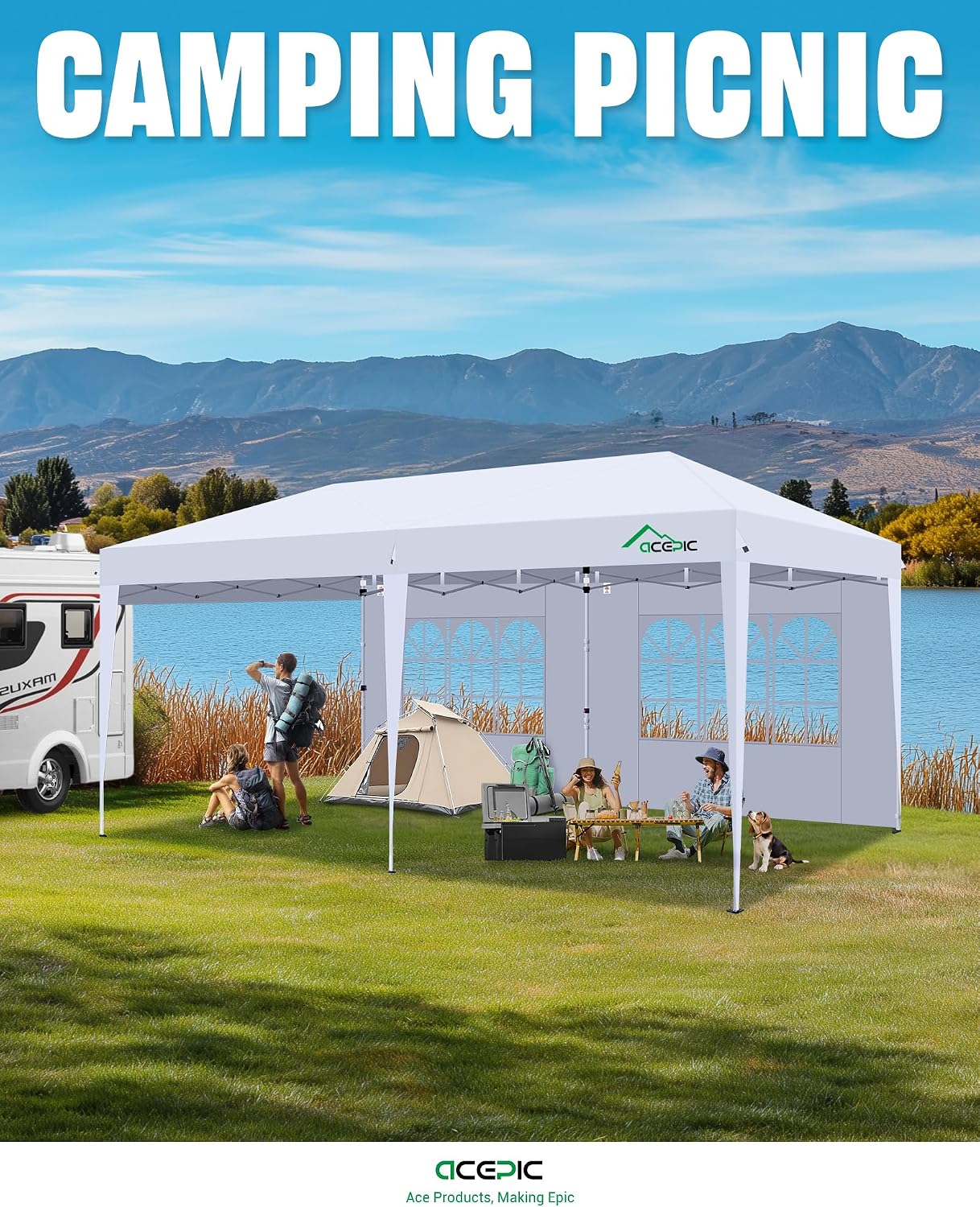 Acepic 10x20 Pop Up Canopy Tent with 6 Removable Sidewalls, 2 Central Lock Easy Set-up Outdoor Party Tent, Commercial Grade Waterproof Party Gazebo with Church Windows, White