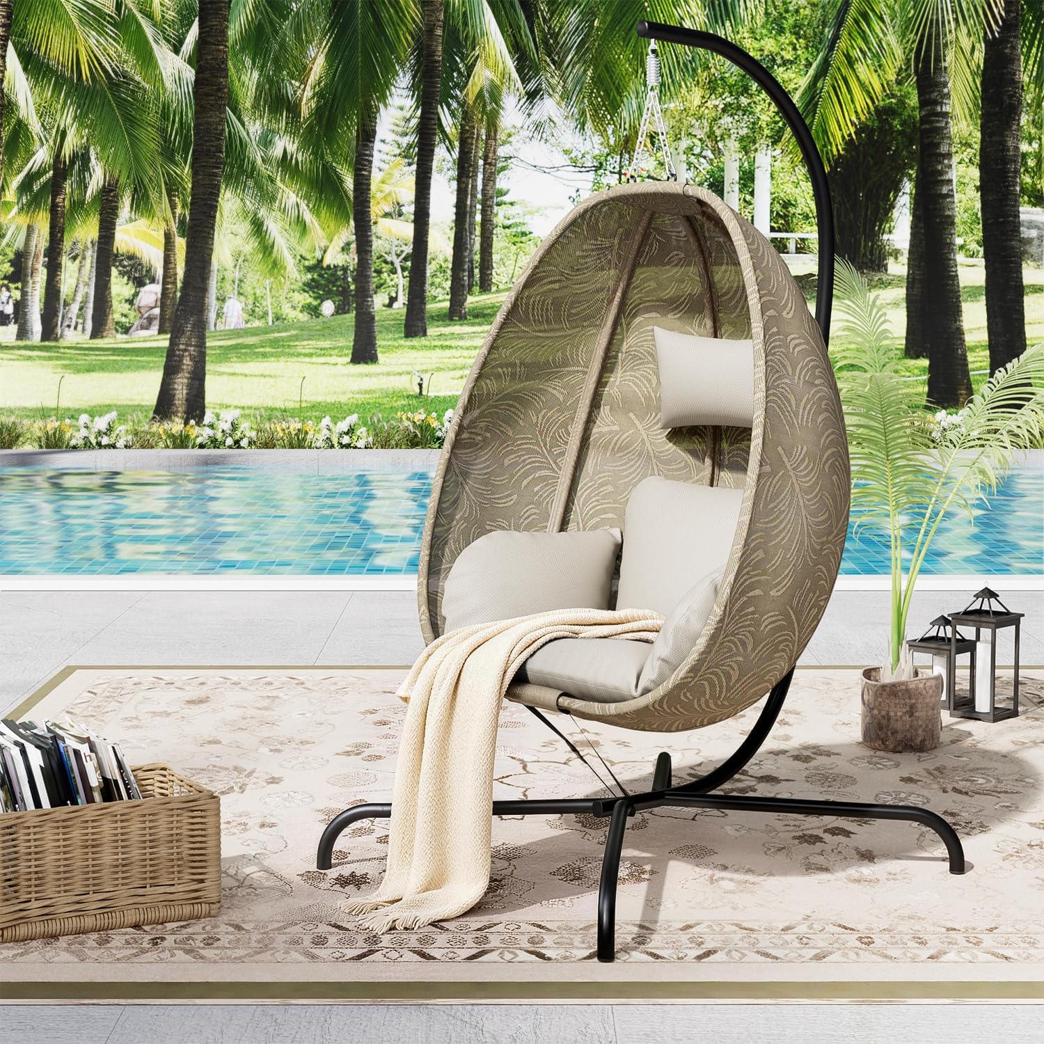 ALAULM Foldable Egg Chair with Stand, 485LBS Capacity Textilene Hammock Swing Chair for Outdoor & Indoor, Patio Hanging Chair with Strong Frame & UV Resistant Cushion for Balcony, Bedroom, Cream/D1