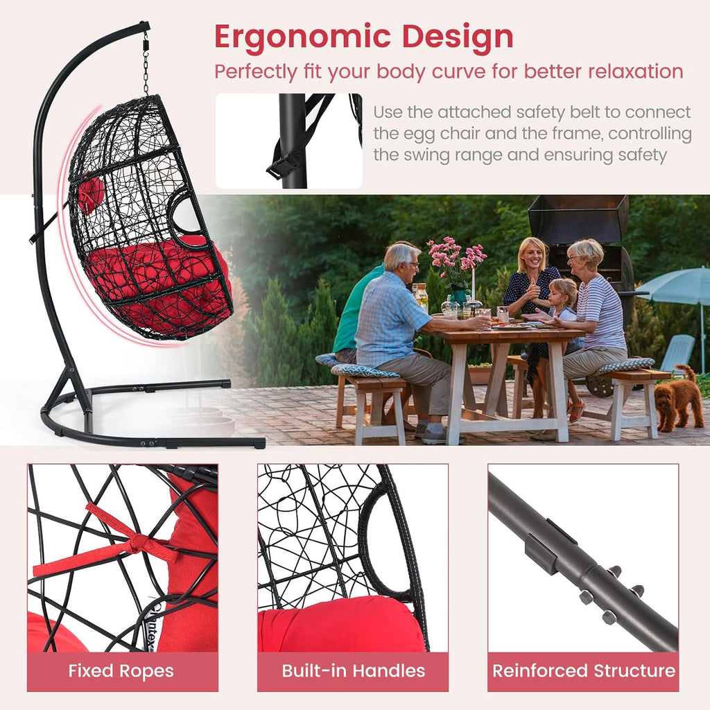 Tangkula Egg Chair with Stand, Hanging Egg Swing Chair with Removable Seat Cushion & Headrest, All-Weather Indoor Outdoor Hanging PE Wicker Egg Chairs for Outside, Balcony, Bedroom (Red)