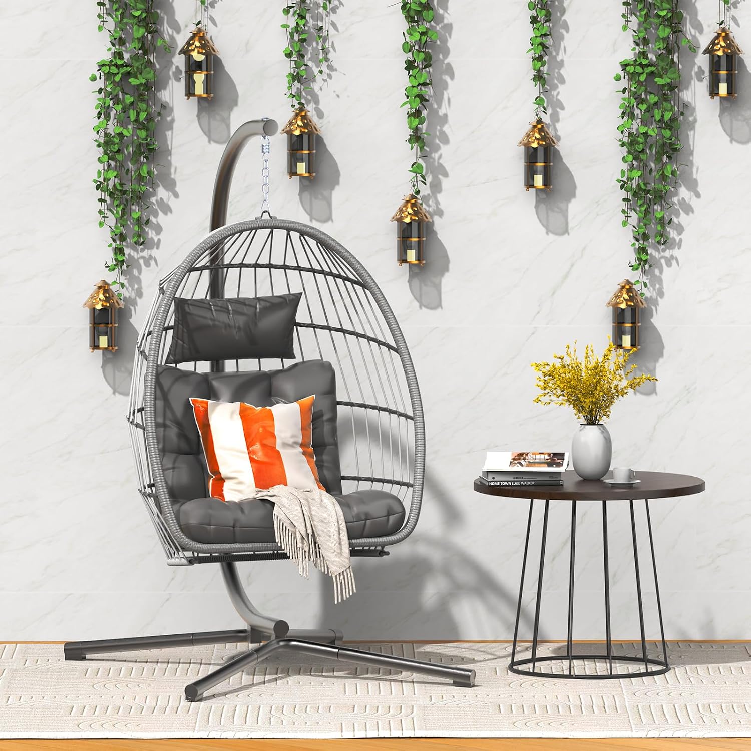 Hipicute Egg Chair with Stand,Patio Rattan Wicker Hanging Swing Egg Chair Hammock Chair for Bedroom Porch Garden,Thickened Aluminum Alloy Steel Frame and UV Resistant Cushion,350LBS Capacity