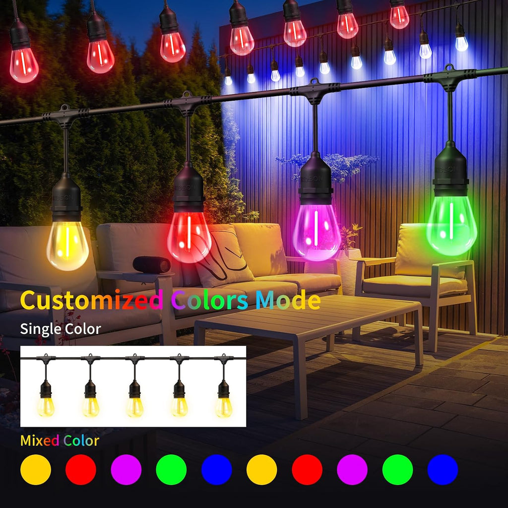 74FT Outdoor String Lights, Outdoor Lights for Patio,with 36+4 LED RGBW Color Change,3000K Bright White Waterproof Bulbs, Dimmer & Remote, Customized 12 Colors & 4 Modes, for Backyard Decor