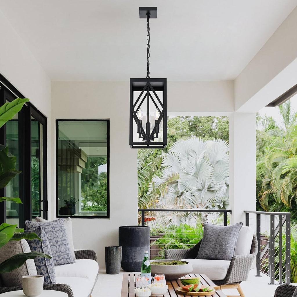 3 Light Black Outdoor Pendant Light Outside Chandelier Lantern, Modern Waterproof Exterior Hanging Light Fixture Ceiling for Front Porch Entryway Yard Patio (Bulb NOT Included)