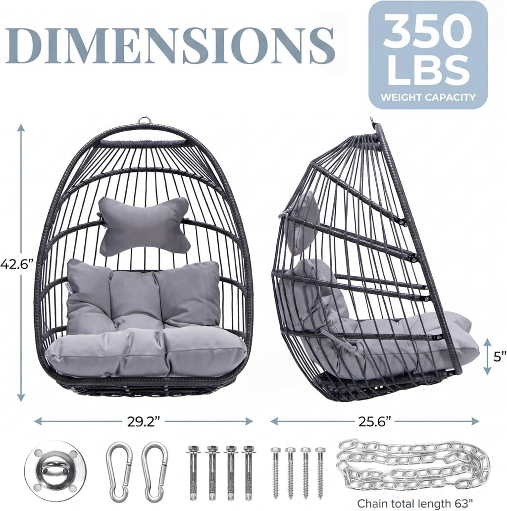 Nicesoul Hanging Egg Chair Outdoor Without Stand, Indoor Swing Egg Basket Ceiling Tree Chairs with Cushion, 350lbs Egg-Shaped Hammock Chair No Stand for Patio, Backyard, Balcony, Bedroom,Porch, Gray