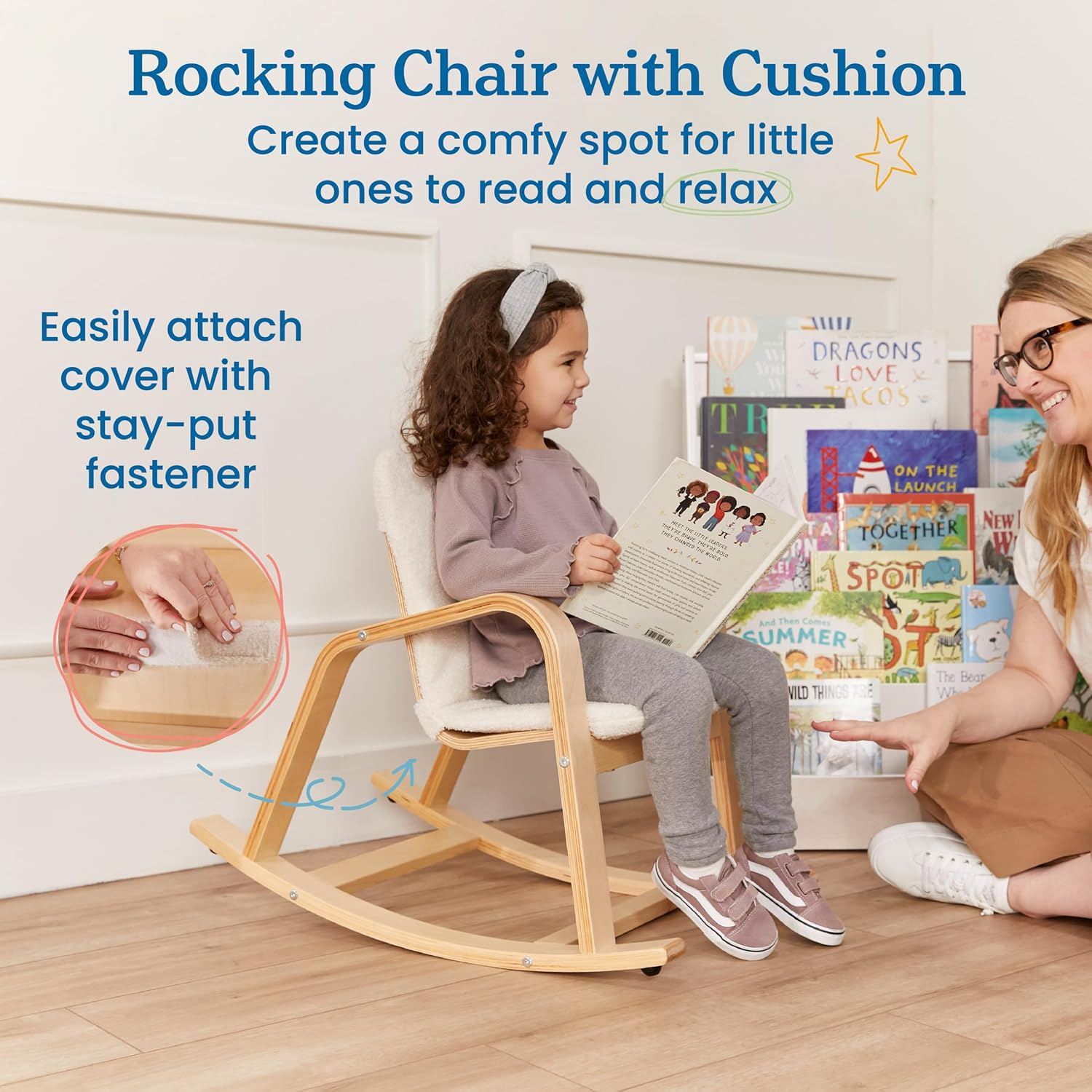 ECR4Kids Bentwood Reading Rocking Chair with Armrests and Cushion, Montessori Furniture, Natural