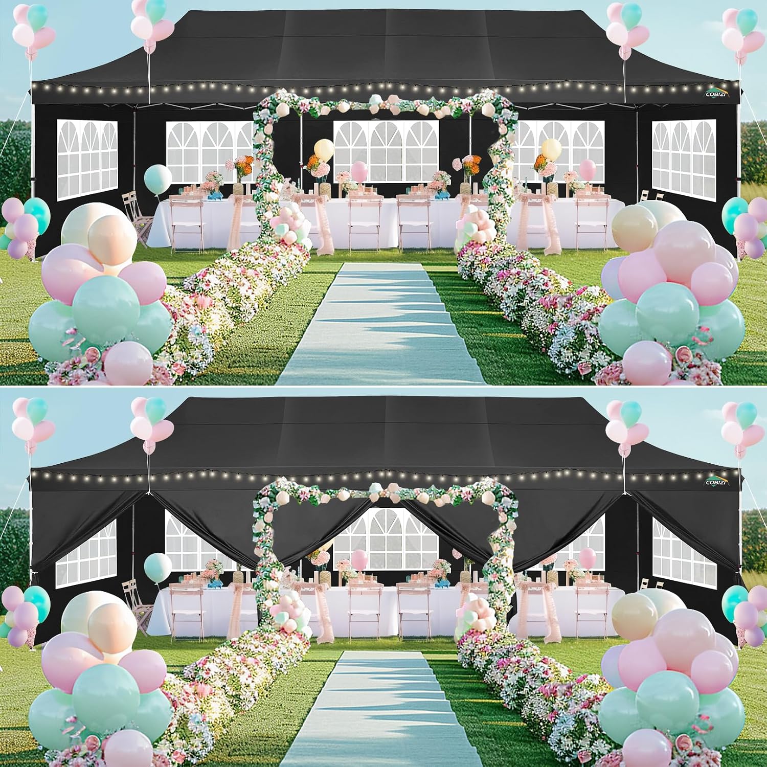 COBIZI 10x30 Pop up Canopy with 8 Removable Sidewalls & 4 Sandbags, Party Tent for Parties, Wedding, and Commercials, Waterproof and Instant Shelter UV50+ Ez Outdoor Canopy Tent with Roller Bag