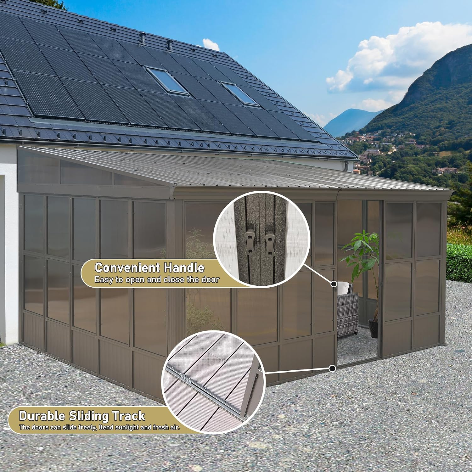 Domi 12x16FT Lean-to Sunroom, Wall Mounted Solarium with Galvanized Steel Sloping Roof, Moveable PVC Screen, Front Door&Side Sliding Door, Outdoor Permanent Gazebo Against Wall Sun Room for Patio Deck