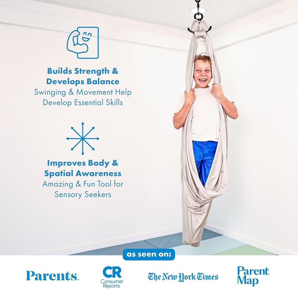 Harkla Sensory Swing for Kids & Adults - Holds 300lbs, Indoor Outdoor Sensory Swing for Hug Like Calming Effect - Durable Soft Stretch Fabric and Heavy Duty Hardware (Gray, 100' Swing + 5' Swivel)