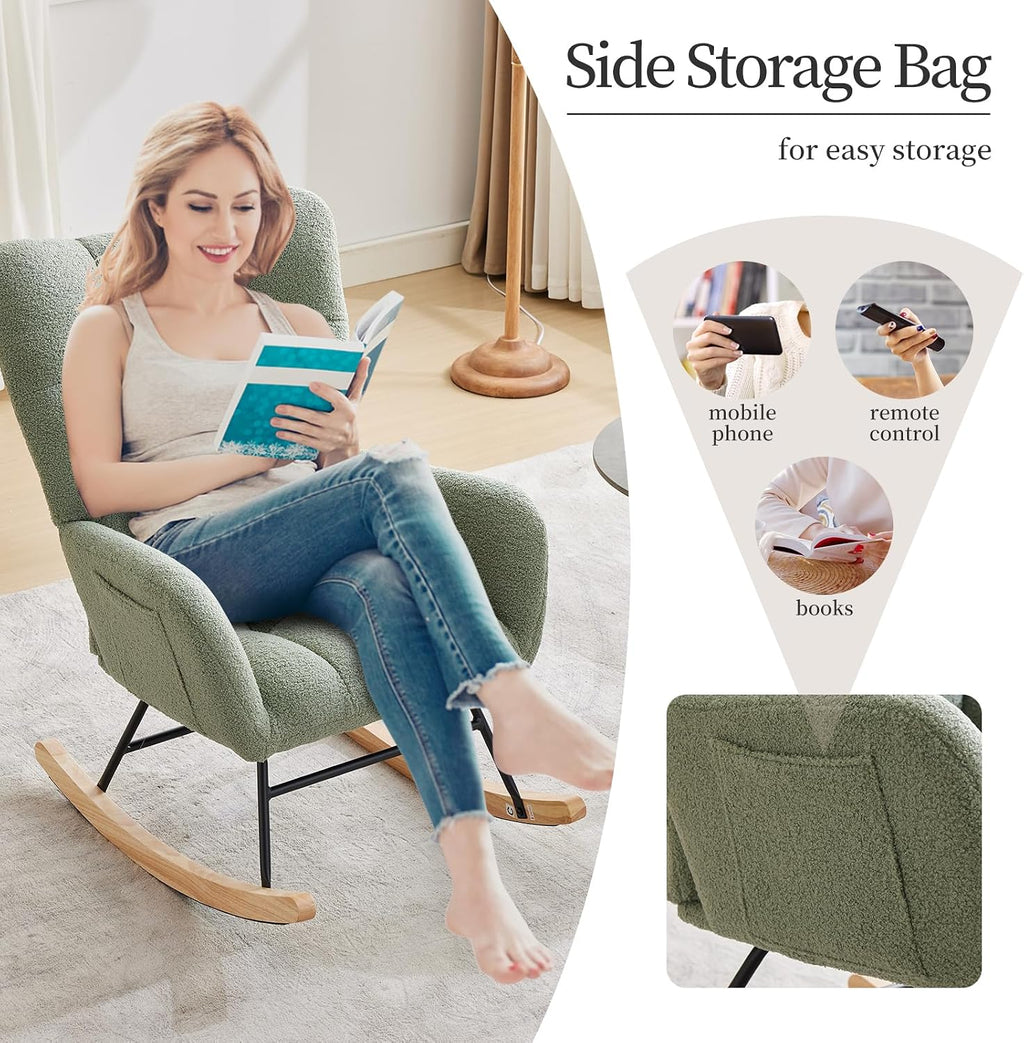 GarveeHome Rocking Chair Nursery, Teddy Upholstered Glider Chair with High Backrest, Armrest and Side Pockets, Modern Comfy Accent Armchair Reading Chair for Bedroom, Living Room