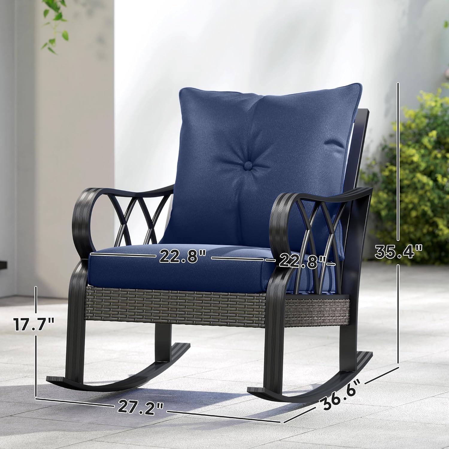 Outsunny Outdoor Wicker Rocking Chair with Padded Cushions, Aluminum Furniture Rattan Porch Rocker Chair w/Armrest for Garden, Patio, and Backyard, Navy Blue