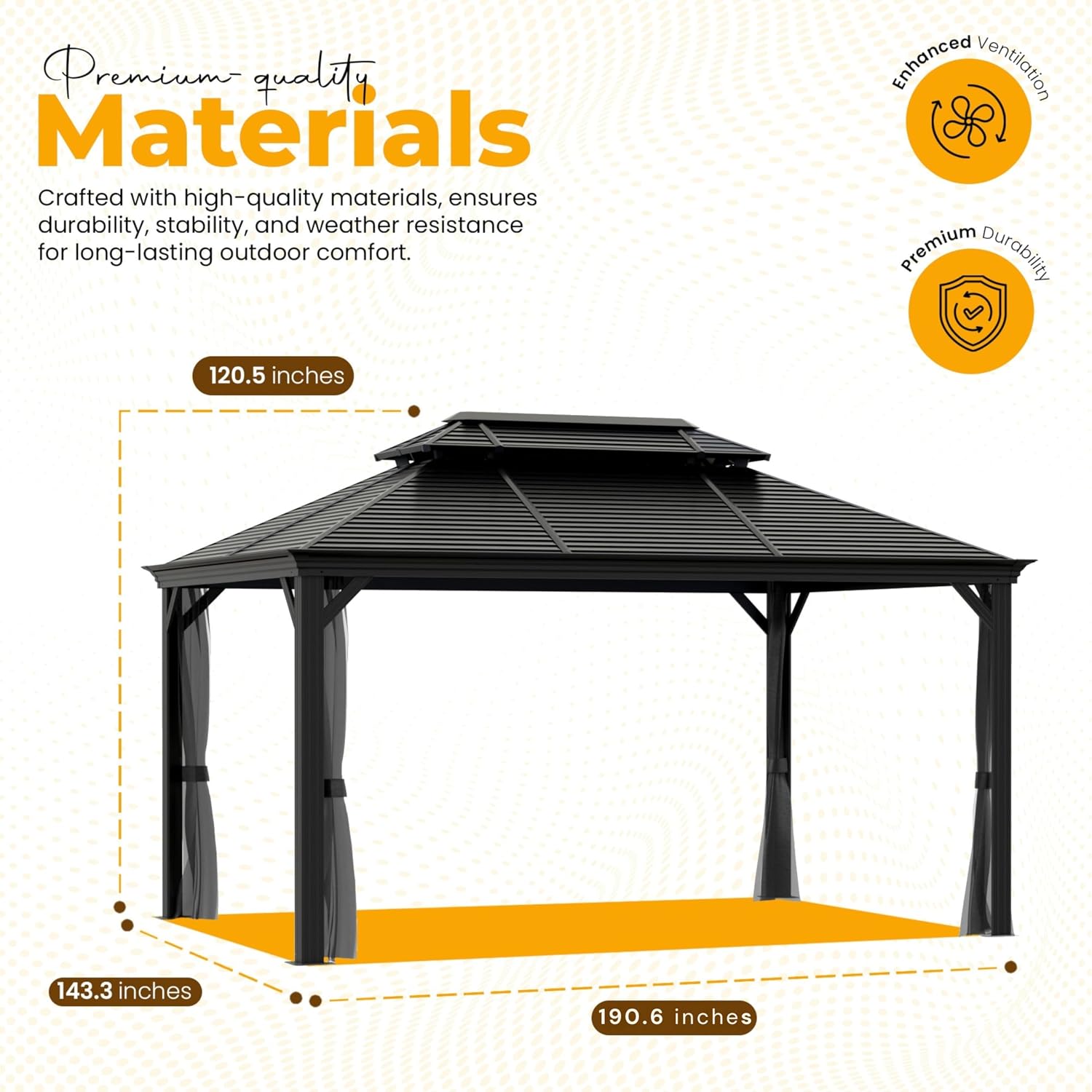 Hardtop Gazebo with Galvanized Steel Double Roof, Rustproof Aluminum Frame, Privacy Netting, and All-Weather Outdoor Shelter, Dark Grey (12x16)