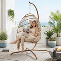 BULEXYARD Boho Swinging Egg Chair with Stand and Cover, 350 Lbs Capacity Foldable Wicker Rattan Hammock Chair with Cushion, Free-Standing Hanging Patio Chairs for Garden Balcony Bedroom Deck, Beige