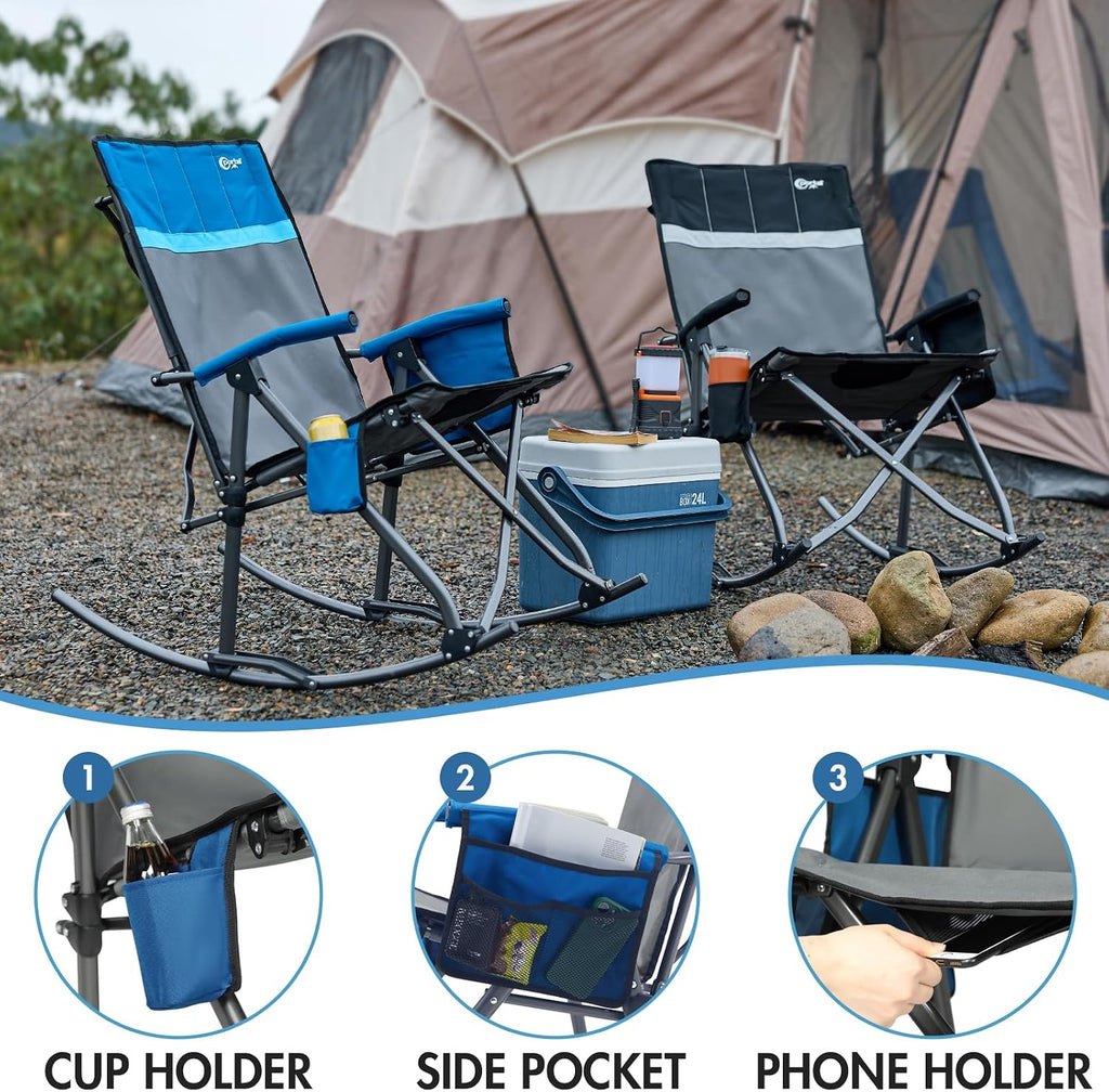 Portal Oversized Folding Rocking Camping Chair Portable Outdoor Rocker with High Back Hard Armrests Carry Bag, Supports 400 lbs, Padded Back, Grey&Blue,2Pack