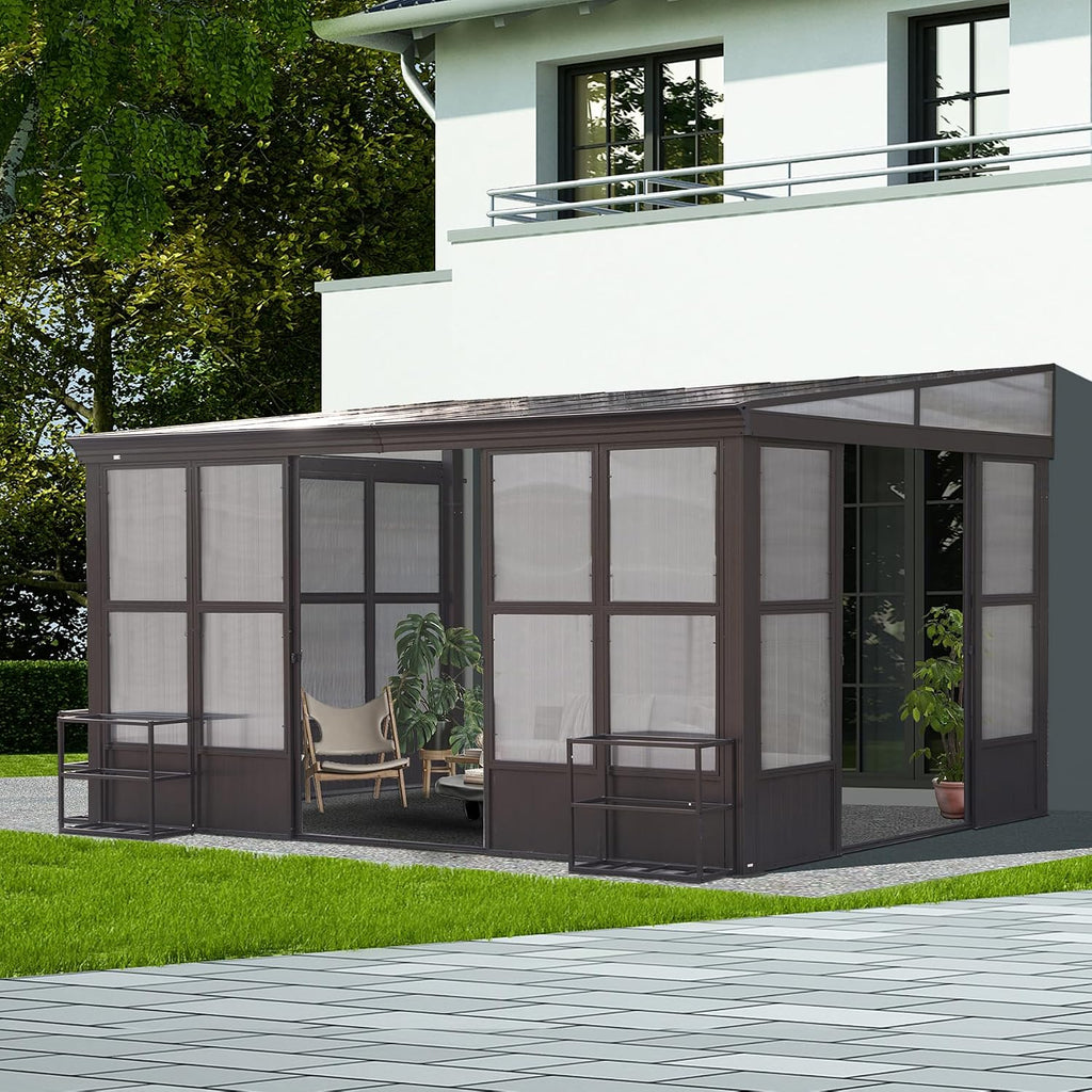 Domi Lean-to Sunroom 10x12FT, Wall Mounted Solarium with Sloping Polycarbonate Roof, Detachable Polycarbonate Screens, 2 Lockable Sliding Doors, Aluminum Gazebo Against Wall Sun Room for Patio Deck