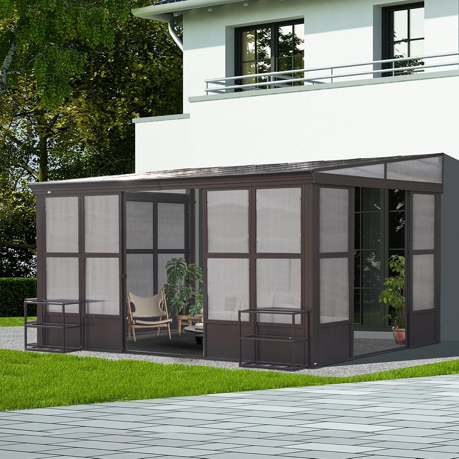 Domi Lean-to Sunroom 10x12FT, Wall Mounted Solarium with Sloping Polycarbonate Roof, Detachable Polycarbonate Screens, 2 Lockable Sliding Doors, Aluminum Gazebo Against Wall Sun Room for Patio Deck