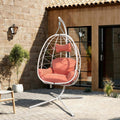 Egg Chair with Stand, Wicker Hanging Chair for Outdoor Patio, Cushioned Hammock Swing for Bedroom Garden Indoor/Outdoor, Double-Zipper Structure Hanging Egg Chair (White and Orange-red)