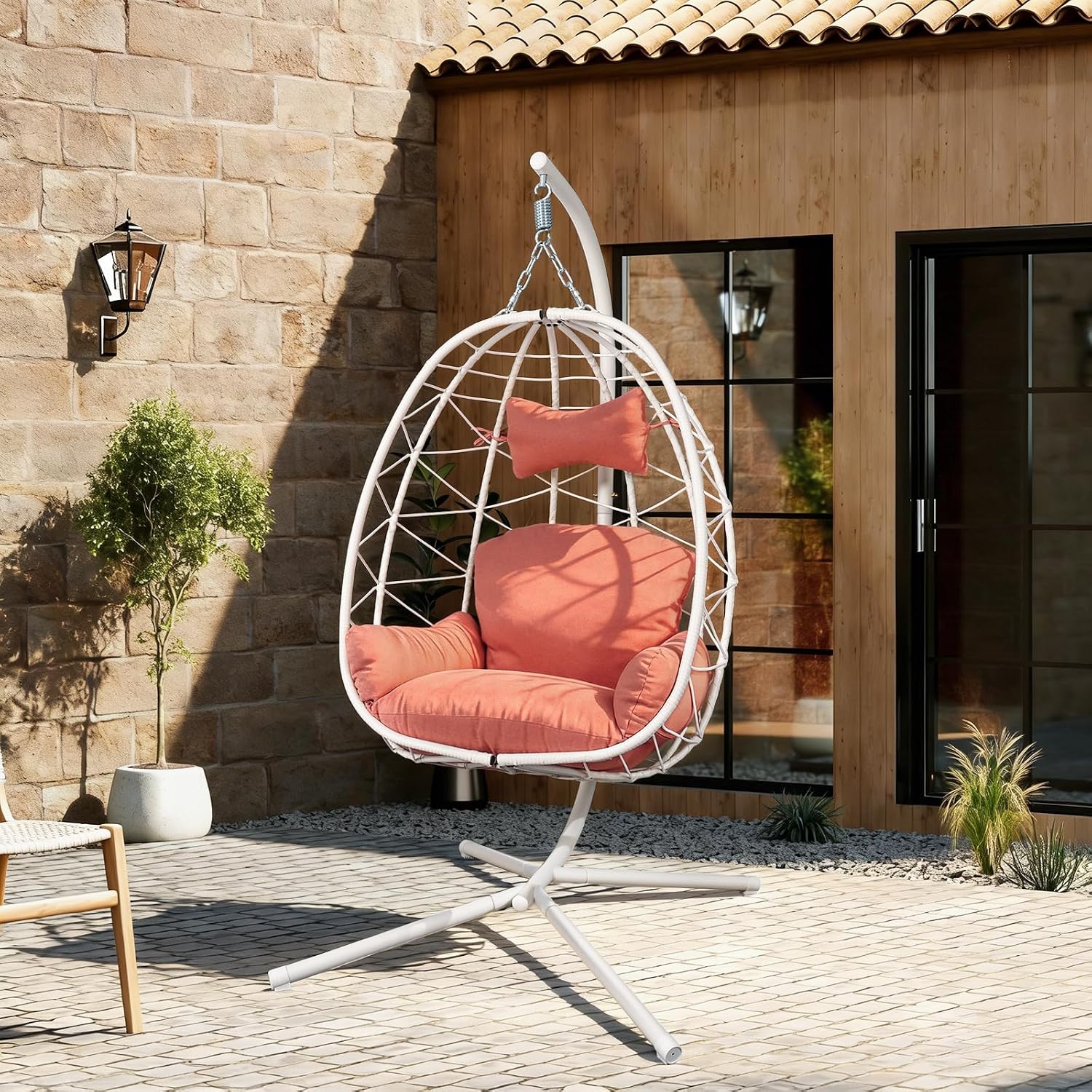 Egg Chair with Stand, Wicker Hanging Chair for Outdoor Patio, Cushioned Hammock Swing for Bedroom Garden Indoor/Outdoor, Double-Zipper Structure Hanging Egg Chair (White and Orange-red)