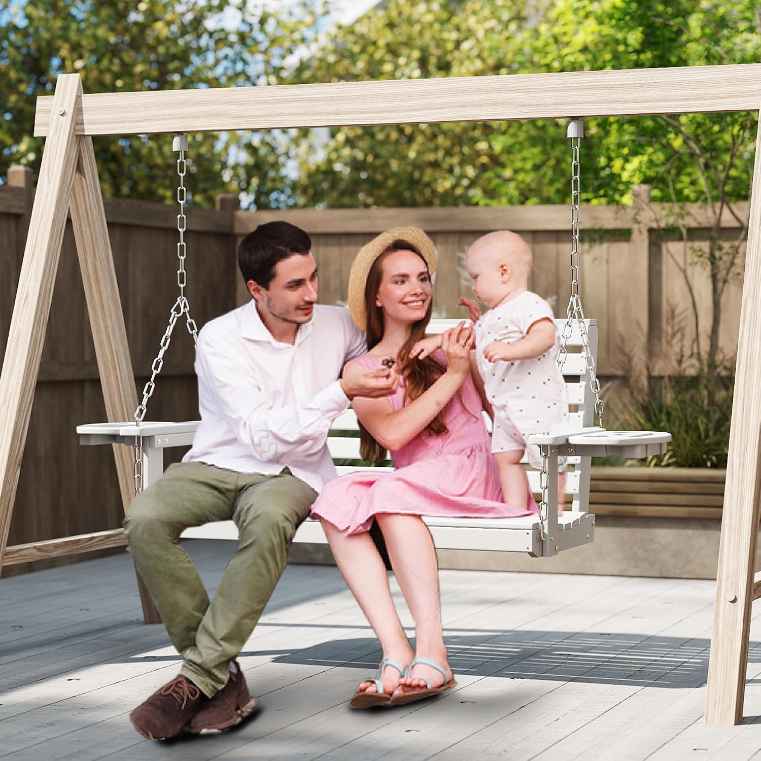 FOOWIN Porch Swing, 4 FT Patio Swing with Cup Holders, Adjustable Hanging Chains, HDPE Outdoor Swing for Patio, Porch, Garden, Yard, Heavy Duty 660 LBS Weight Capacity White