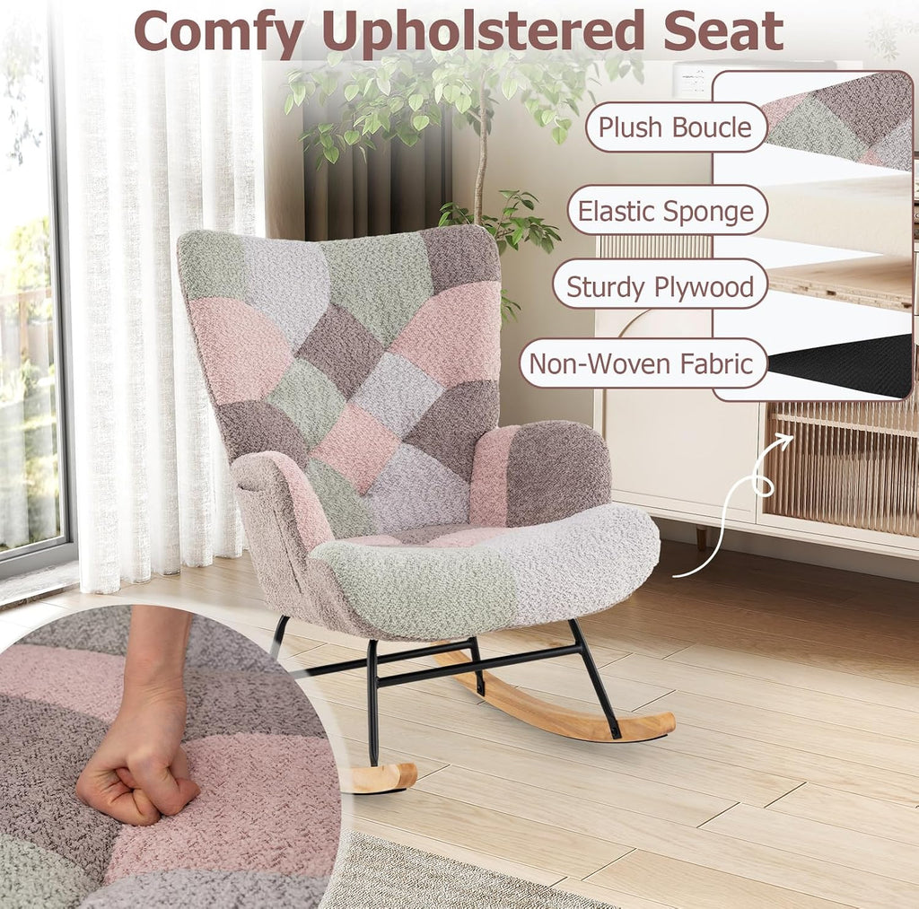 Giantex Rocking Chair Nursery, Boucle Upholstered Glider Rocker w/Ergonomic High Backrest, Rubber Wood Legs & Side Pocket, Patchwork Modern Accent Chair for Bedroom, Living Room, Offices