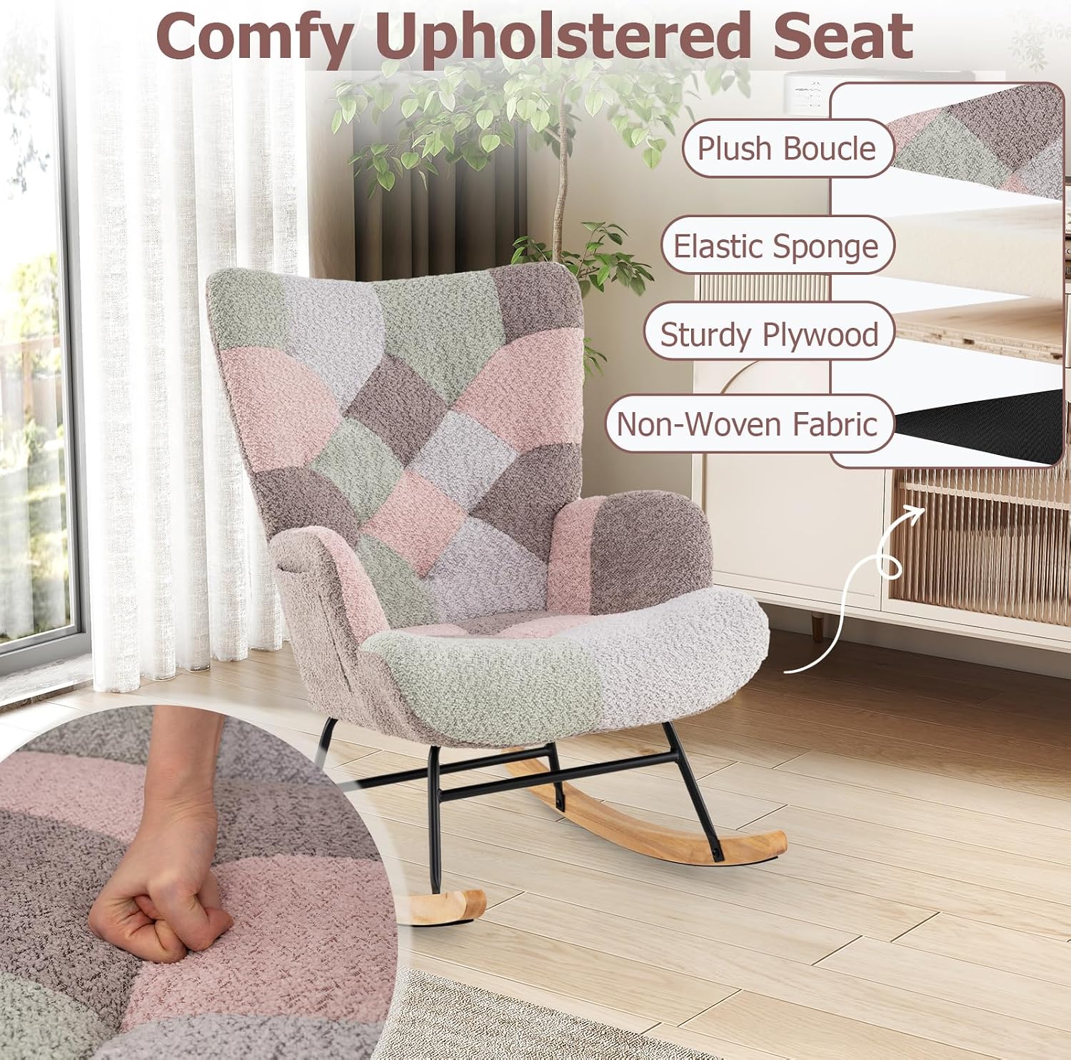 Giantex Rocking Chair Nursery, Boucle Upholstered Glider Rocker w/Ergonomic High Backrest, Rubber Wood Legs & Side Pocket, Patchwork Modern Accent Chair for Bedroom, Living Room, Offices