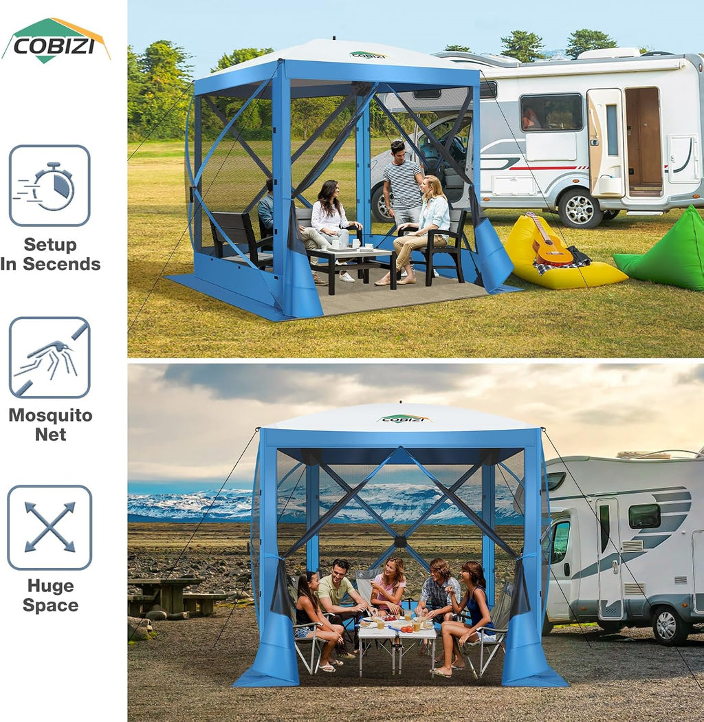 COBIZI Pop Up Gazebo Screen Tent Screen House for Camping, 8FTx8FT Screen Room with Mosquito Netting, Hub Tent Instant Screened Canopy with Carrying Bag and Ground Stakes, Blue