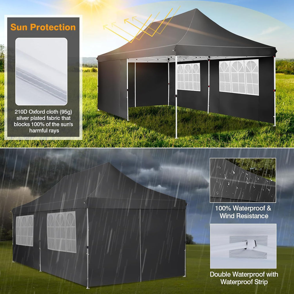 COBIZI 10x20ft Pop Up Canopy Tent with 6 Removable Sidewalls, Easy Up Commercial Canopy, Waterproof and UV50+ Gazebo with Portable Bag, Adjustable Leg Heights,Party Tents for Parties, with 4 Sandbags