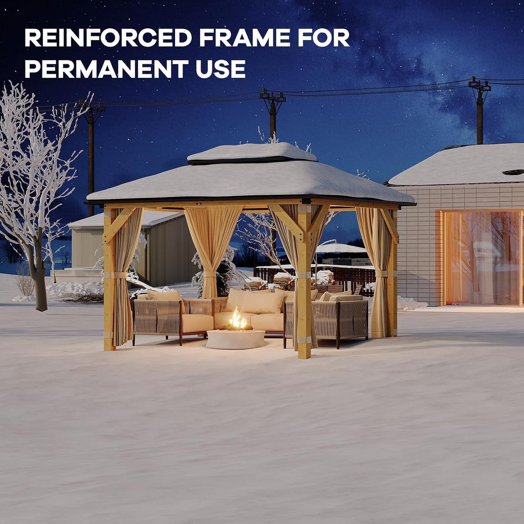 10' x 12' Patio Gazebo Wooden Gazebo with Solid Spruce Frame and Aluminum Double Roof Suitable for Gardens, Patios, Lawns, and Parties Curtains and Netting Included!