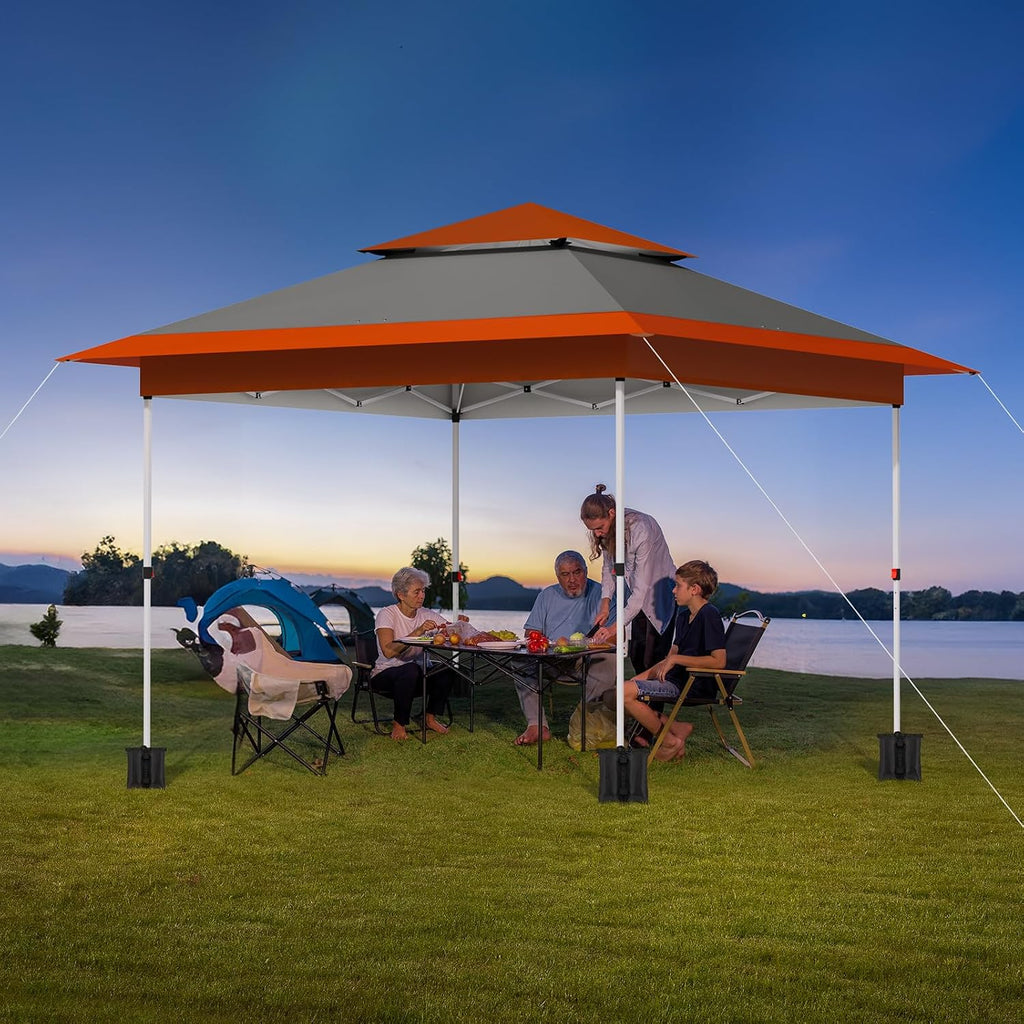 TLSUNNY 13X13 Pop Up Canopy Tent, Camping Shader W/Overhanging Eaves & Sand Bag, Outdoor Gazebo Shelter W/One Push Setup & Wheeled Bag, Height Adjustable, for Patio, Market, Party (Orange, 13FTX13FT)