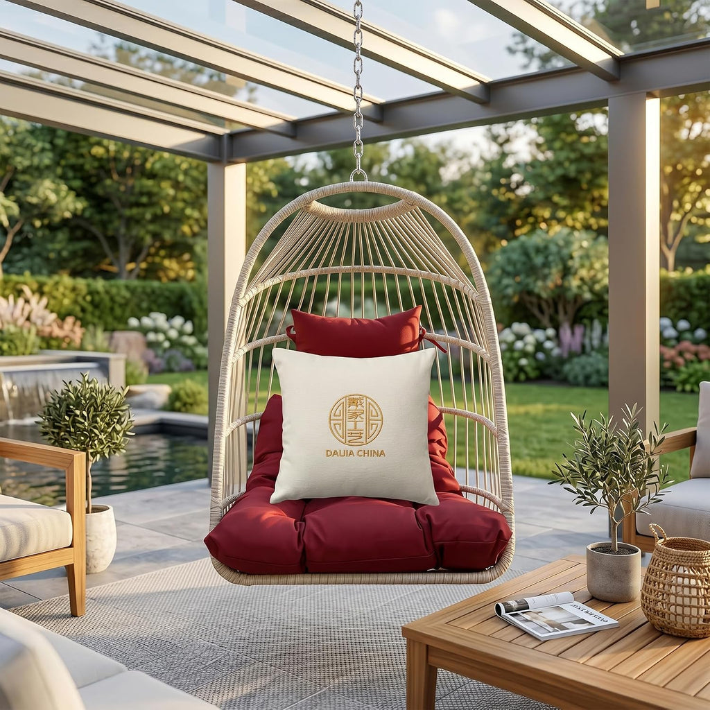 Hanging Egg Chair with Pillow, HDPE Rattan Foldable Swing Chair with Aluminum Frame & UV Resistant Cushion, Hammock Egg Basket Without Stand for Indoor Outdoor, 350Lbs Capacity, Strawberry Red