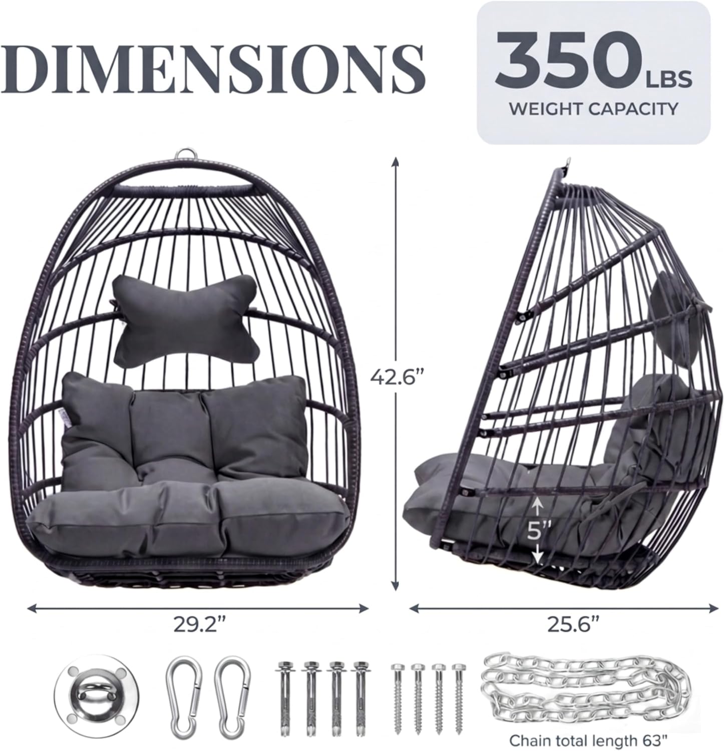 BULEXYARD Hanging Egg Chair Without Stand 350lbs Capacity, Grey Wicker Swing Egg Chair with Dark Grey Cushion for Indoor/Outdoor Patio Porch Balcony, Foldable Hammock & Tree/Ceiling/Beam Mount
