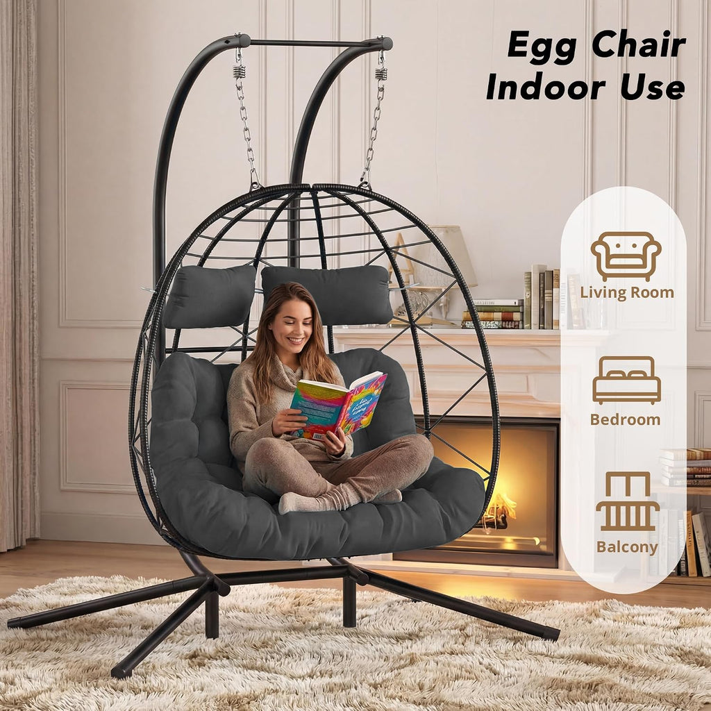 Easyego 2-Person Wicker Hanging Egg Chair with Stand- 700 lb Capacity, Indoor/Outdoor Double Egg Swing Hammock Chair for Patio, Garden, Porch, Living Room, Bedroom-Dark Grey