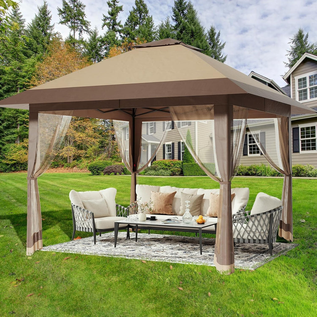 13'x13' Pop Up Gazebo, Outdoor Canopy Tent with Mosquito Netting, Pop Up Canopy with Double Roof Design & Adjustable Height, UV-Resistant Patio Gazebo Sunshade for Graden/Backyard/Lawn/Beach (Khaki)