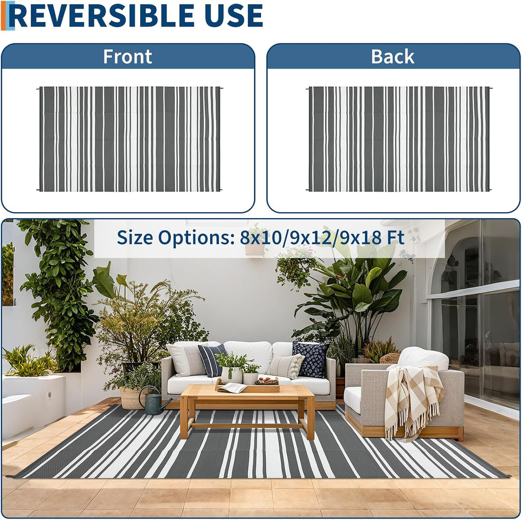 Garvee Outdoor Rug 9 ft x 18 ft Waterproof Plastic Straw Patio Rug, Outdoor Large Area Rug Mats for Camper Indoor Outdoor Carpet for Rv Deck Porch Picnic Beach Balcony (Grey)