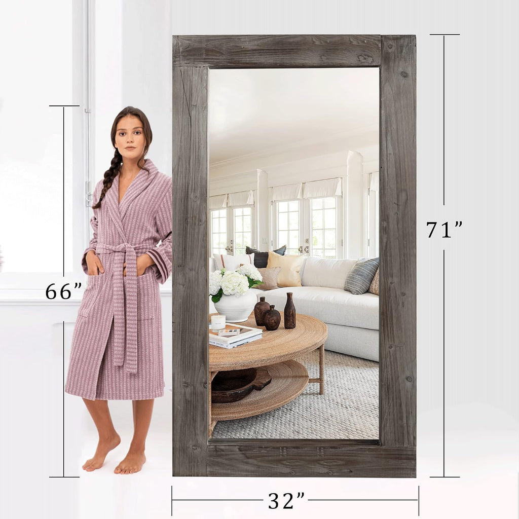 NeuType Floor Mirror Full Length, 71x32in Rustic Wood Frame Full Body Dressing Mirror, Wall-Mounted or Leaning Against Wall Standing Mirror, Farmhouse Decor for Bedroom Living Room, Charcoal Grilled