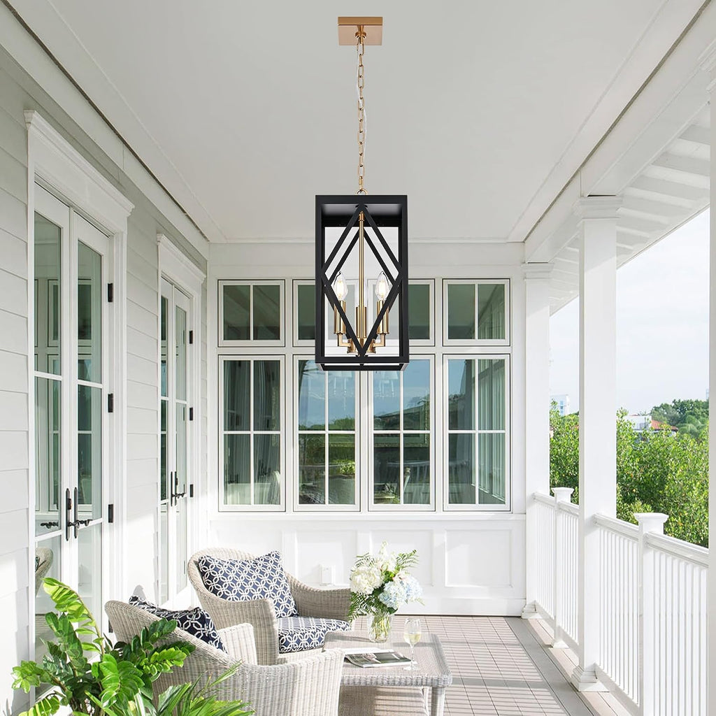 15.7'' Outdoor Pendant Light Black Brass, Exterior Ceiling Hanging Lantern Porch Light with Clear Glass, Outdoor Hanging Lantern Lighting Exterior Pendant Lighting Fixture for Porch, Gazebo