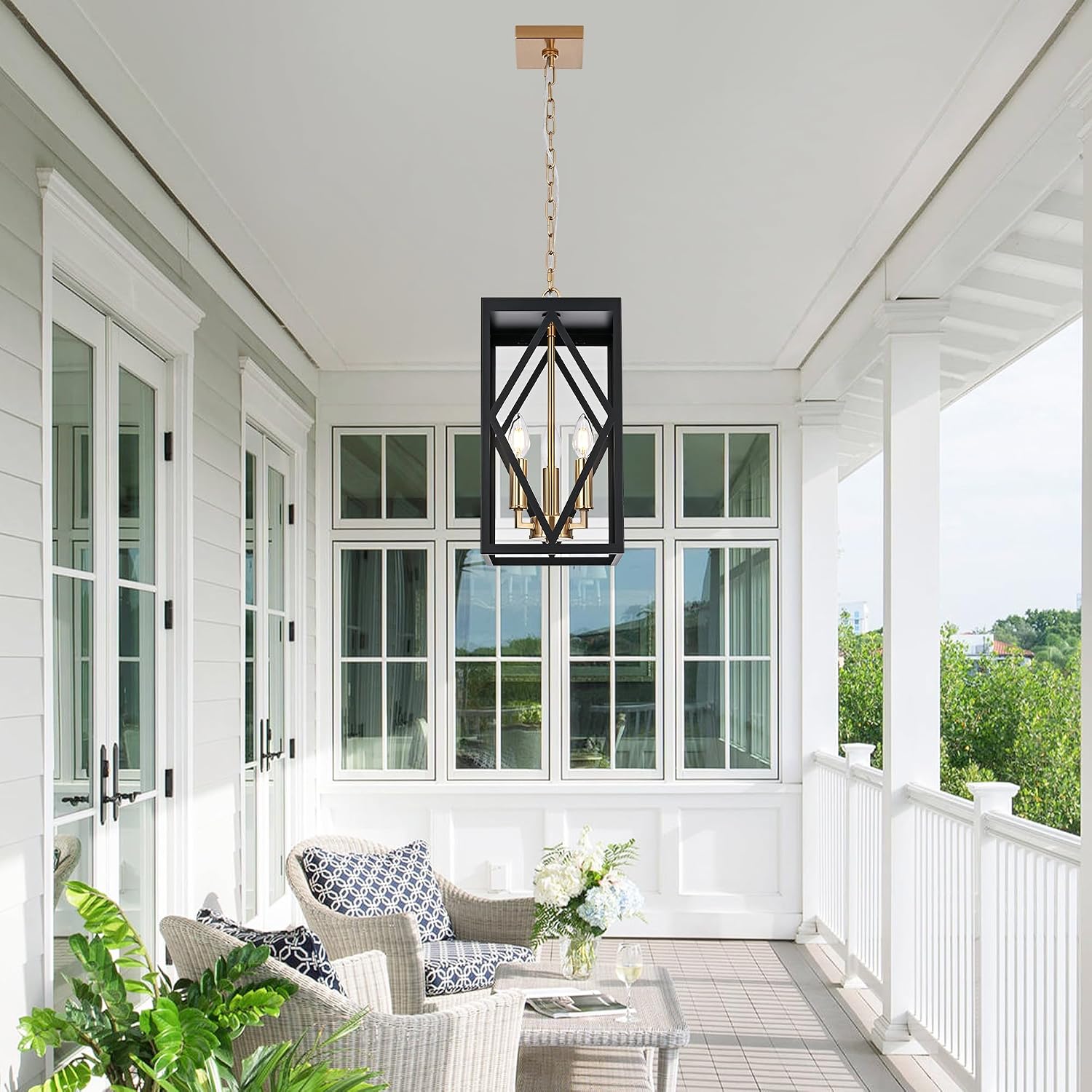 15.7'' Outdoor Pendant Light Black Brass, Exterior Ceiling Hanging Lantern Porch Light with Clear Glass, Outdoor Hanging Lantern Lighting Exterior Pendant Lighting Fixture for Porch, Gazebo