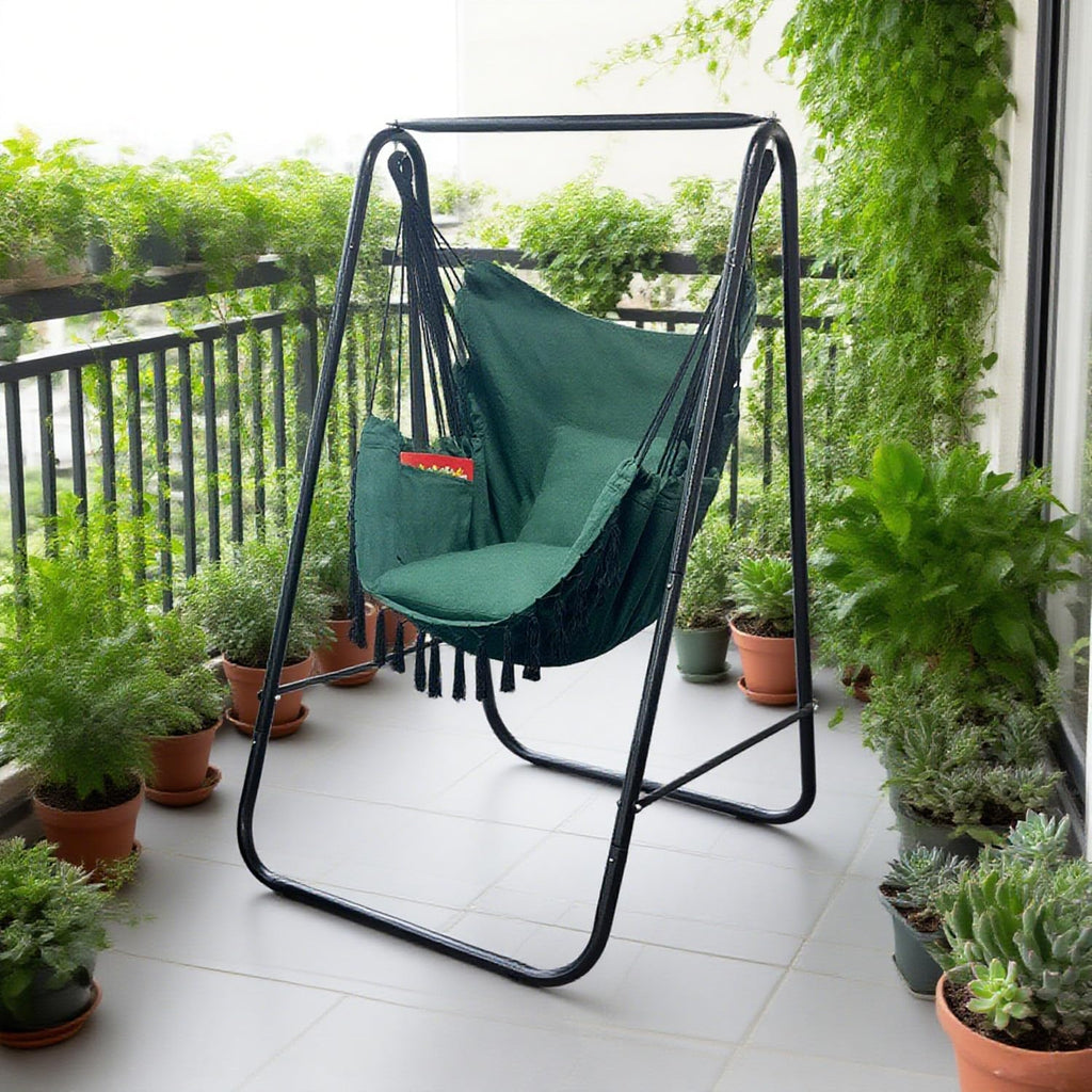 Hammock Chair with Stand,Heavy-Duty Hammock Stand with Large Indoor Swing,MAX Load 500 LBS,Hanging Chair with Stand for Indoor Outdoor,Swing Chair with 2 Cushions Included(Dark Green)