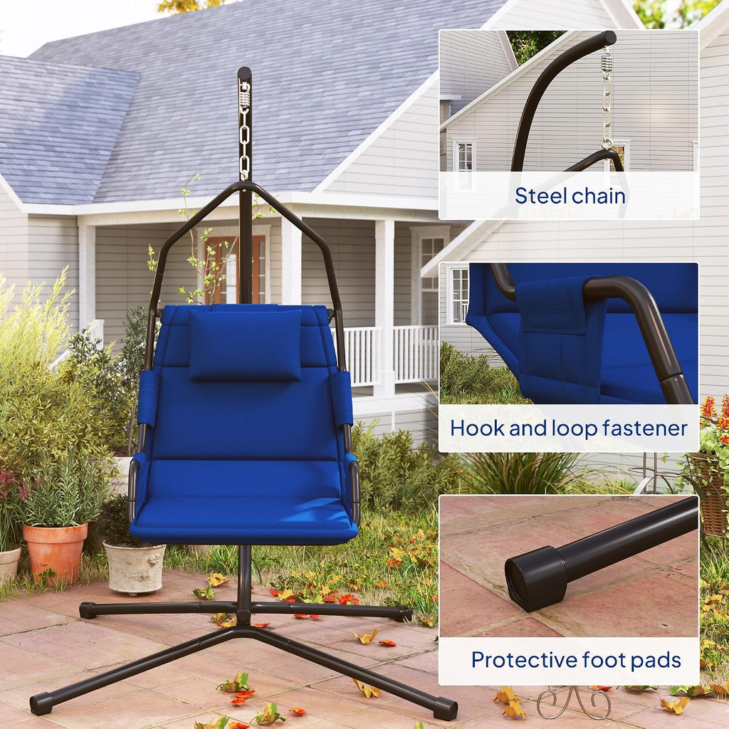 Outsunny Hammock Chair with Stand, Hammock Swing with PA Coating Oxford Fabric Cushion, Indoor Outdoor Hanging Chair with Chain, Steel Frame for Bedroom, Patio, Balcony, Dark Blue