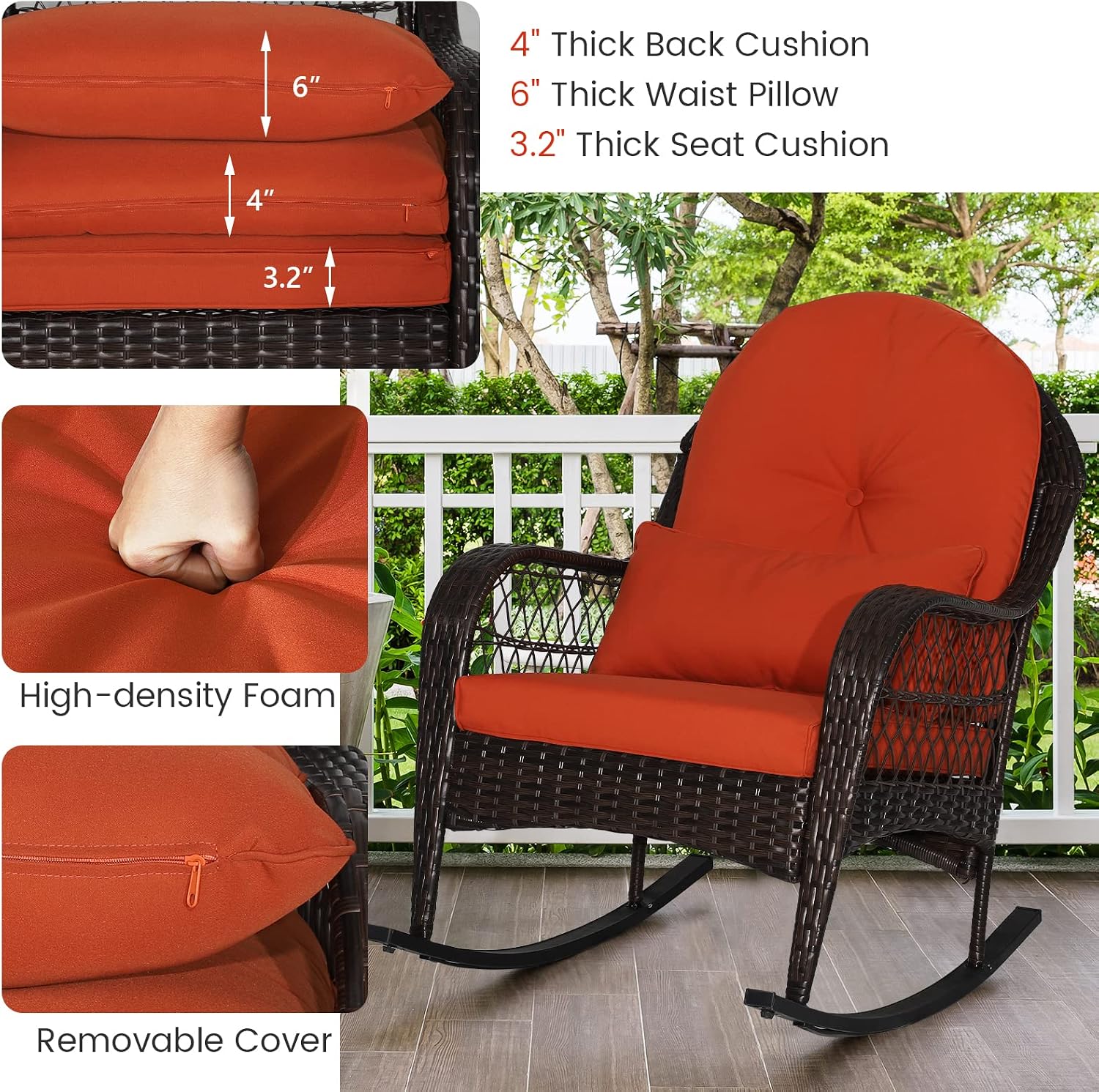 MEDIMALL Outdoor Wicker Rocking Chair, Patio Rattan Rocker w/Lumbar Pillow, Padded Seat & Back Cushions, Metal Frame, Mix Brown Wicker Furniture for Balcony, Porch, Deck, Backyard (Red)