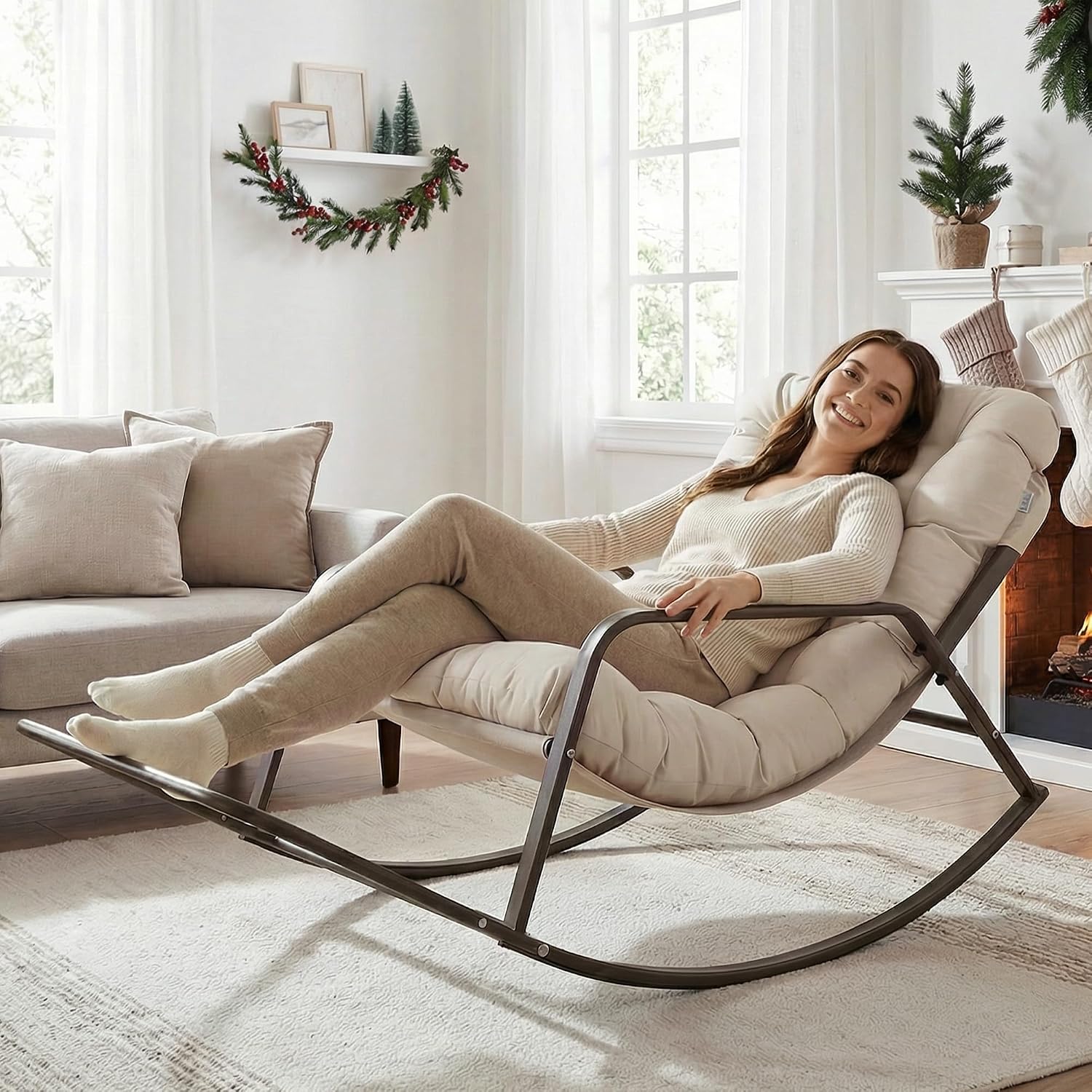 RADIATA Rocking Lounge Chair, Indoor Outdoor Reclining Lounger with Footrest & Cushion, 400lbs Weight Capacity, Comfortable Rocker for Relaxation, Reading and Napping (Beige)