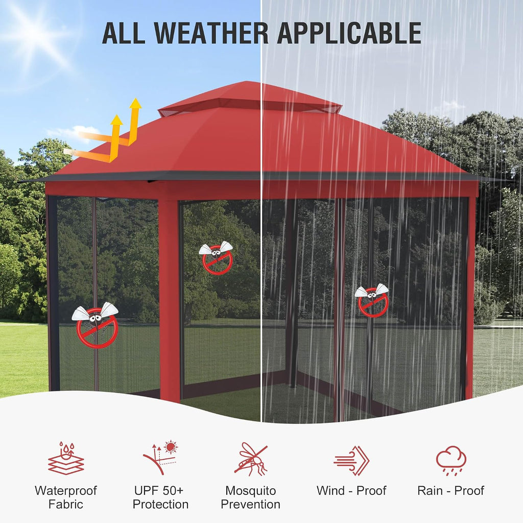 Pop Up Gazebo 11x11, Outdoor Instant Canopy Shelter Tent with Mosquito Netting Metal Frame Storage Bag for Patio Garden Backyard.(Red)