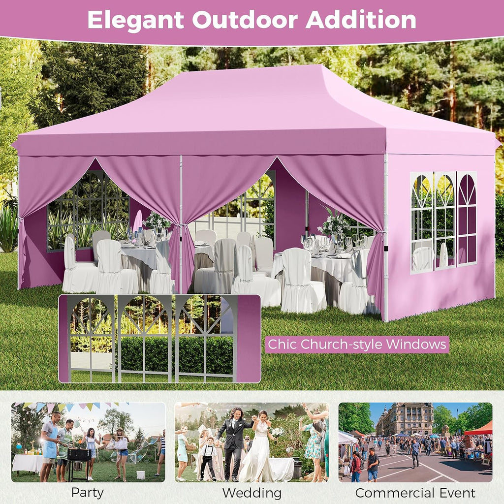HAPPYGRILL 10x20 Pop Up Canopy Tent with Detachable Sidewalls, Waterproof UPF 50+ Outdoor Instant Gazebo Shelter with Carry Bag for Party Wedding Patio Garden, Pink