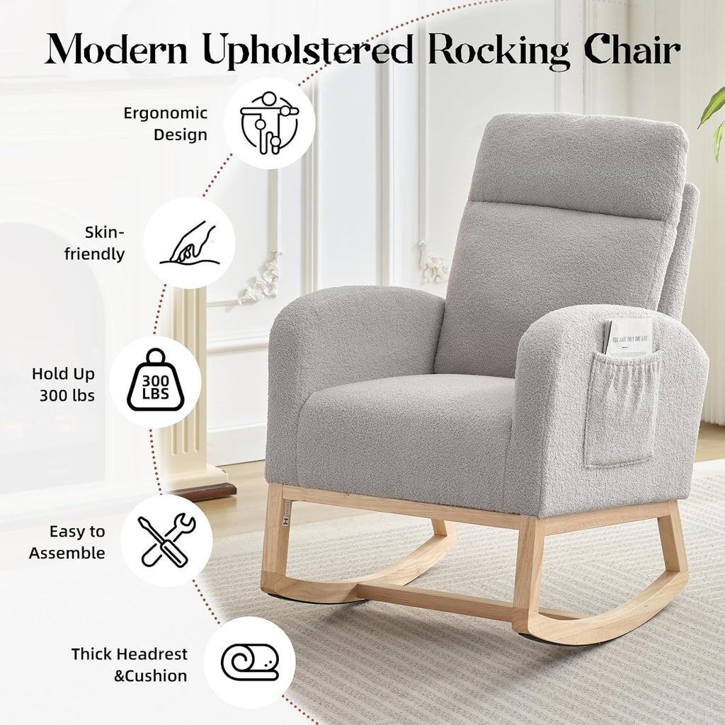 GarveeHome Rocking Chair Nursery,Glider Chair Nursery Chair with High Back and Side Pocket, Rocking Accent Armchair with Rubber Wood Legs for Living Room/Bedroom/Nursery