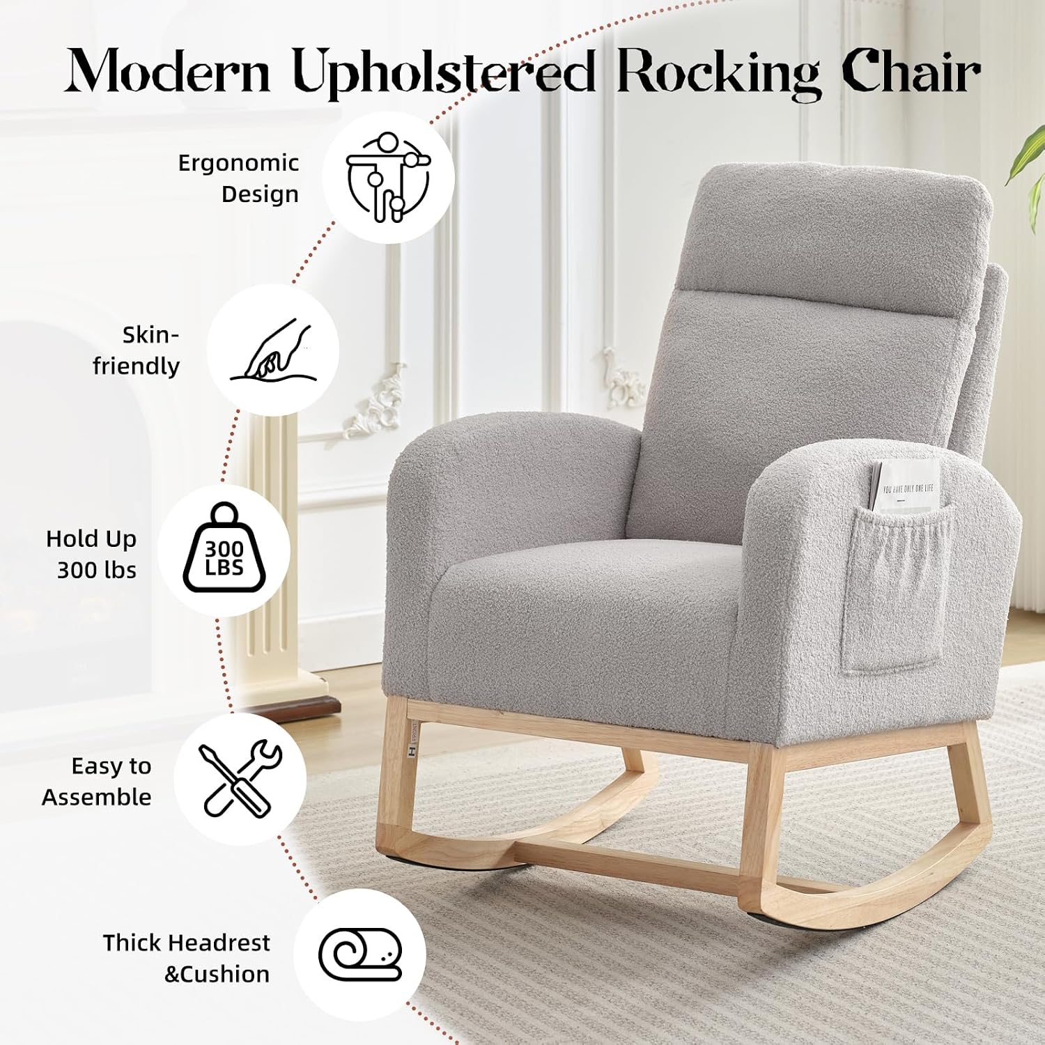 Upholstered Rocking Chair, Glider Chair Nursery Chair with High Back and Side Pocket, Rocking Accent Armchair with Rubber Wood Legs for Living Room/Bedroom/Nursery
